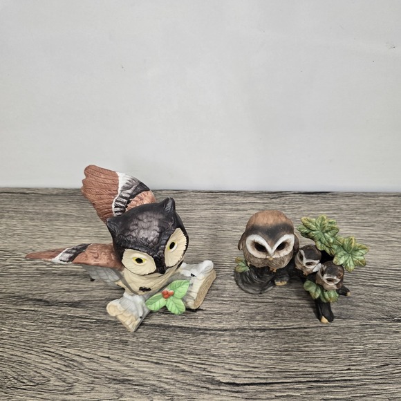 Vintage Owl Figurines Lot Of 2  Porcelain Korea Owl Collectors Baby Birds - Picture 2 of 6
